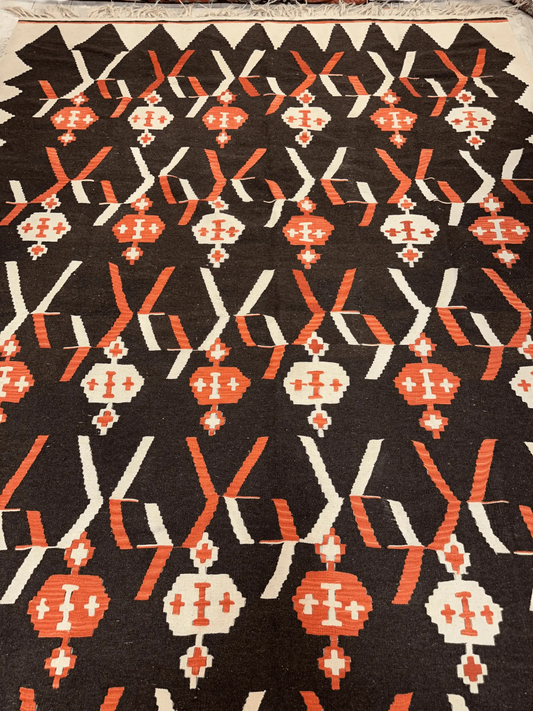 Antique Karabakh Kilim rug 7'5" x 11' dark brown field with orange white motifs Rugistan on Tampa Home & Garden Store