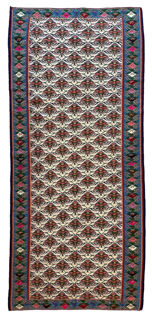 Masterpiece Persian Senneh Kilim Runner Rug 4x9 with cream field and teal border on Tampa Home & Garden Store