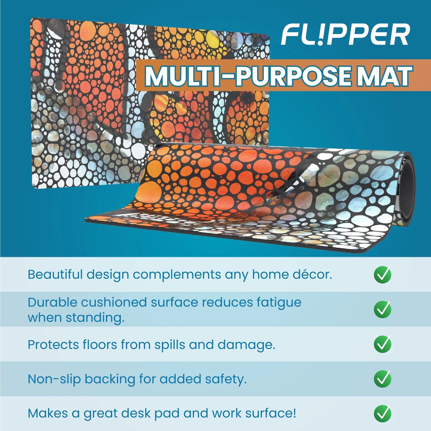 Flipper Aquarium Mat with clownfish artwork and orange bubble pattern by Flipper on Tampa Home & Garden Store
