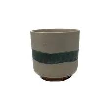 Mateo Pot Planter ceramic pot with beige top and teal glaze stripe Terra Cotta Boutique on Tampa Home & Garden Store