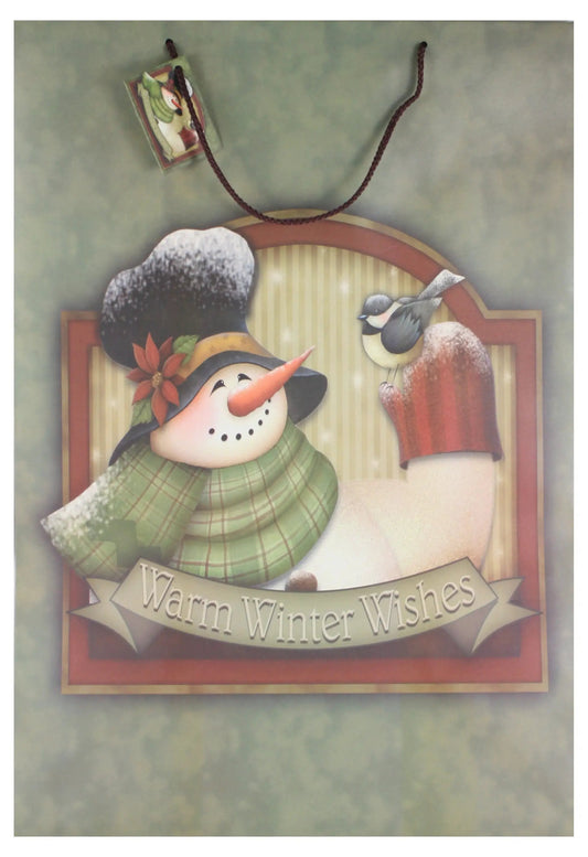 Matte Finish Deluxe Gift Bag Snowman With Birds, brown rope handle, Country Christmas Loft on Tampa Home & Garden Store