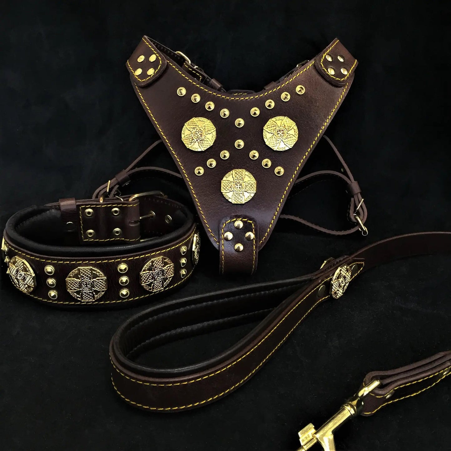 Maximus Brown dog harness collar and leash set in leather with yellow stitching and gold studs on Tampa Home & Garden Store