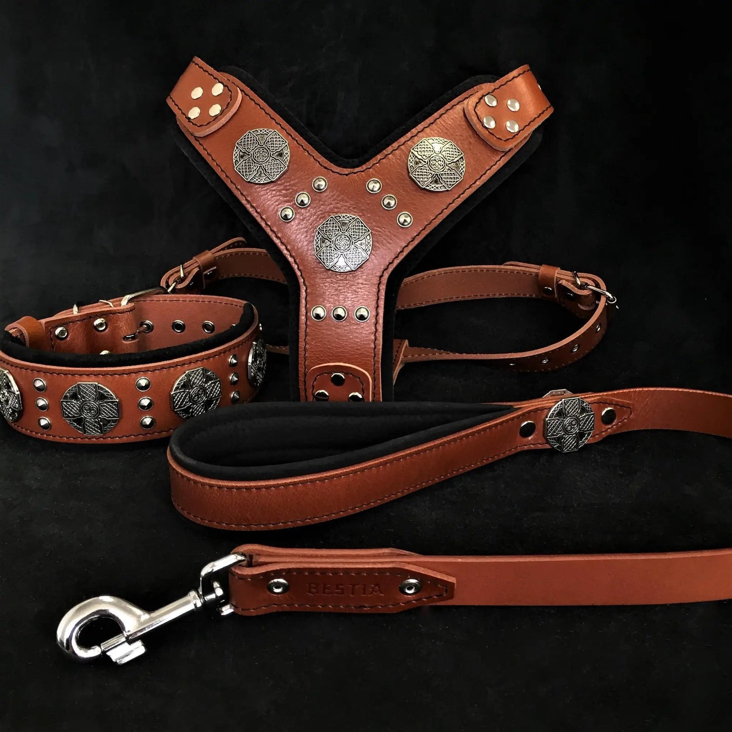 Maximus Silver Harness and Collar Leash Set brown leather with conchos Bestia Dog Gear on Tampa Home & Garden Store