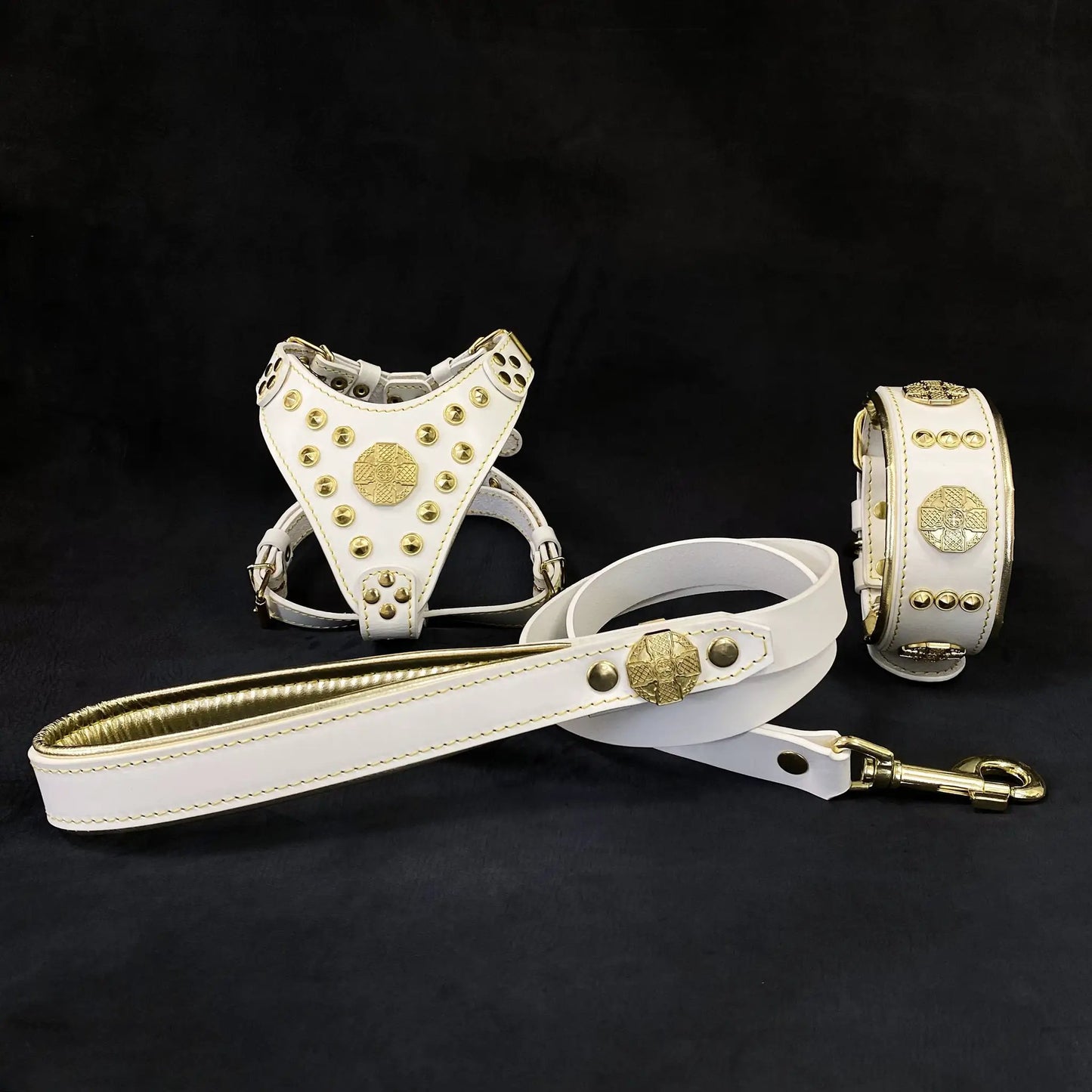 Maximus white leather dog harness collar & leash set with gold studs by Bestia Dog Gear on Tampa Home & Garden Store
