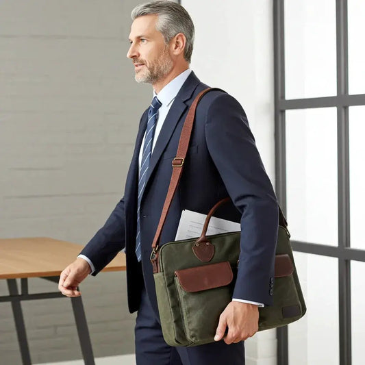 Maxwell Waxed Canvas Laptop Bag with Top Zipper green canvas, brown leather crossbody strap on Tampa Home & Garden Store