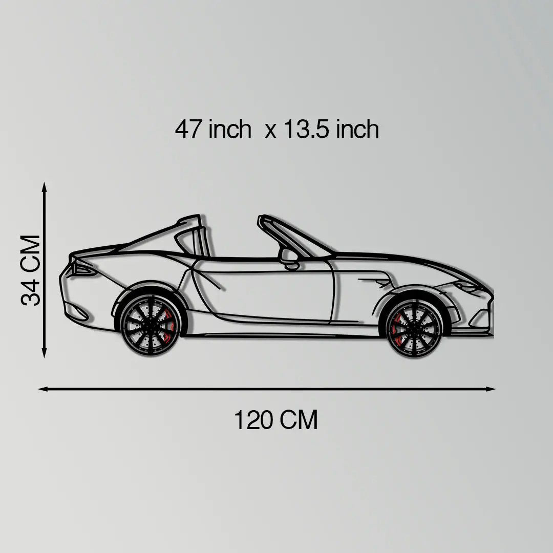 Mazda MX5 RF metal car wall art with rotating wheels by Enova Art, automotive silhouette decor on Tampa Home & Garden Store