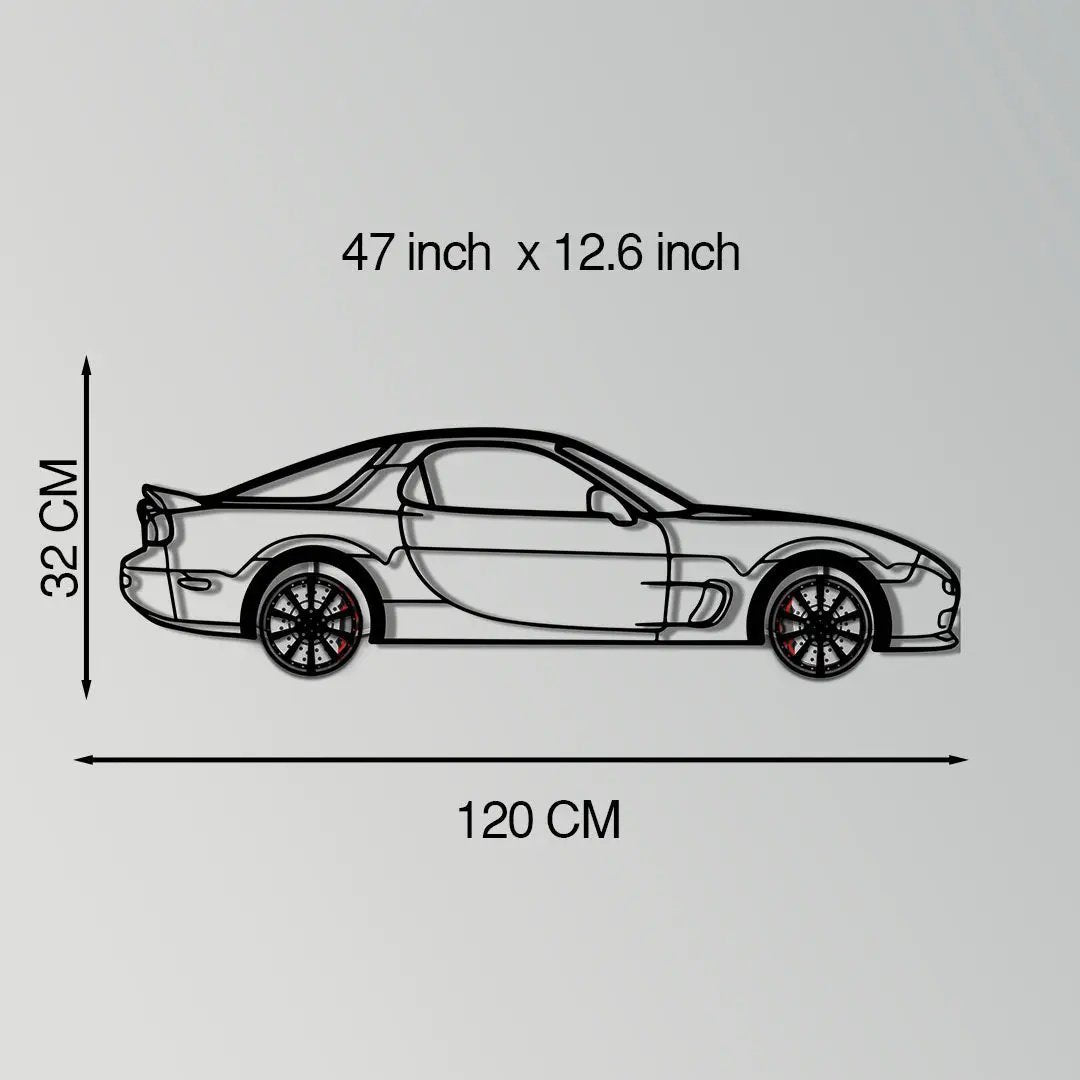 Mazda RX-7 metal car wall art by Enova Art, 120 cm x 32 cm, rotating wheels feature on Tampa Home & Garden Store