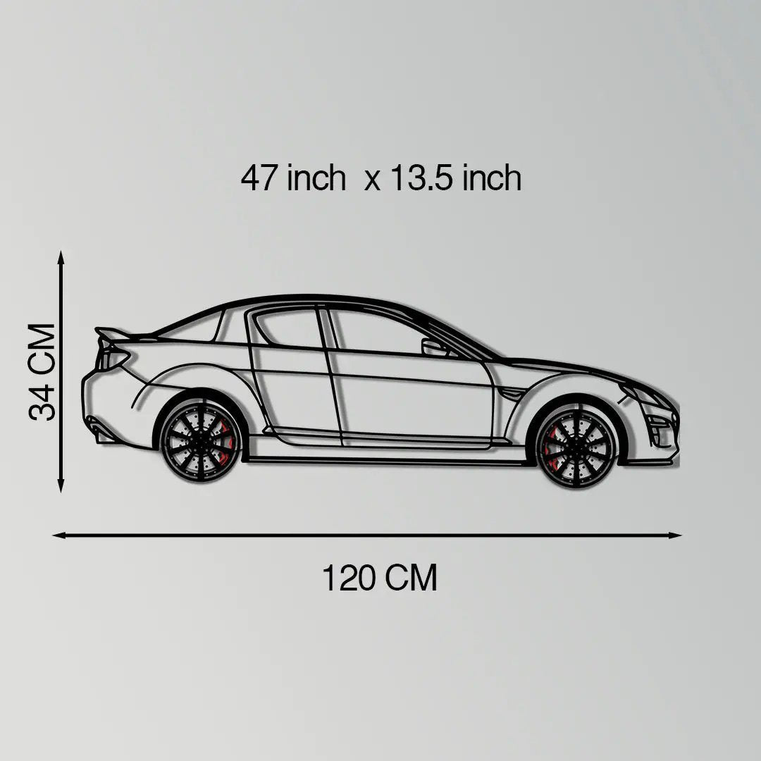 Mazda RX-8 Metal Car Wall Art with Rotating Wheels, black line art by Enova Art on Tampa Home & Garden Store