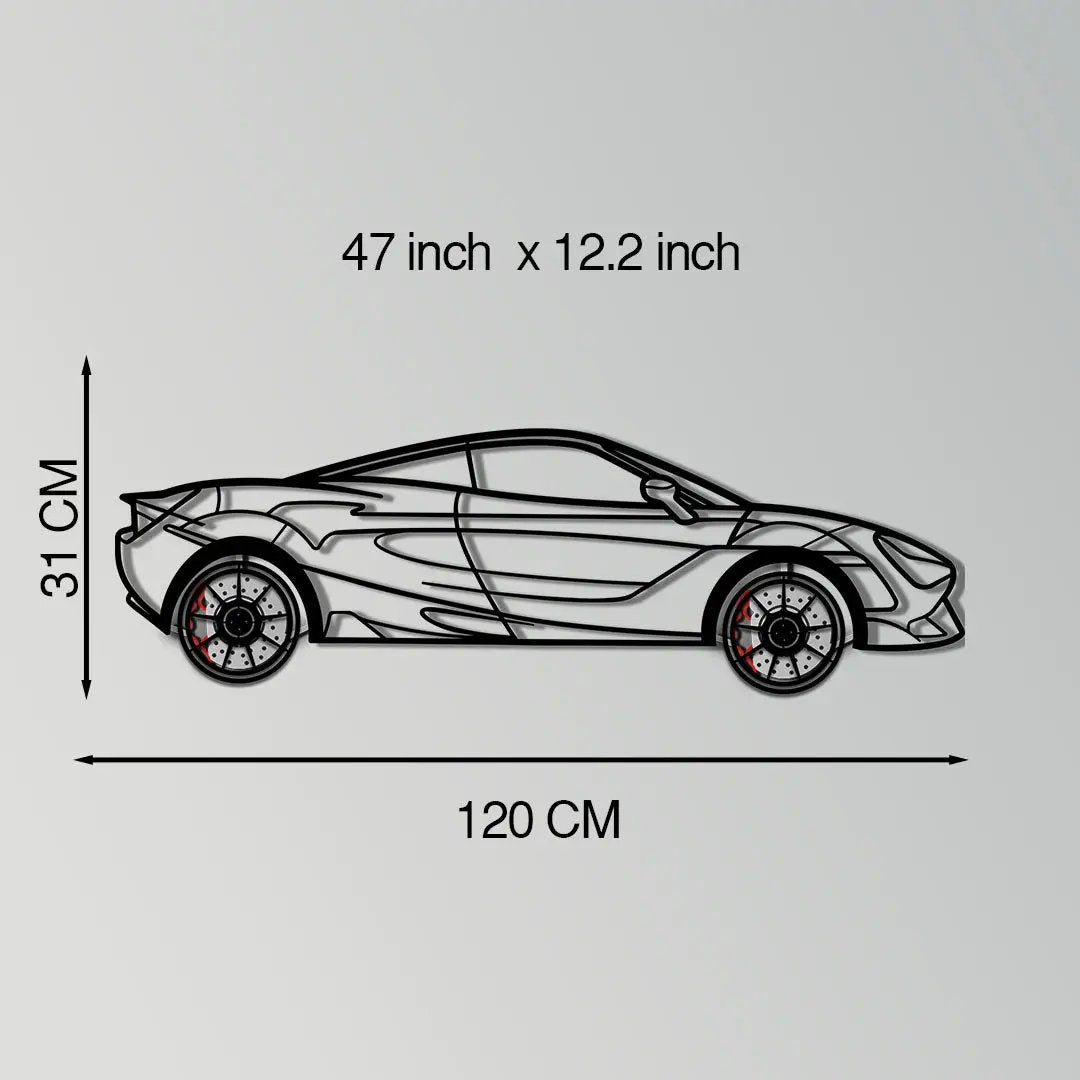 McLaren 720S metal wall art with rotating wheels, black silhouette sculpture on Tampa Home & Garden Store