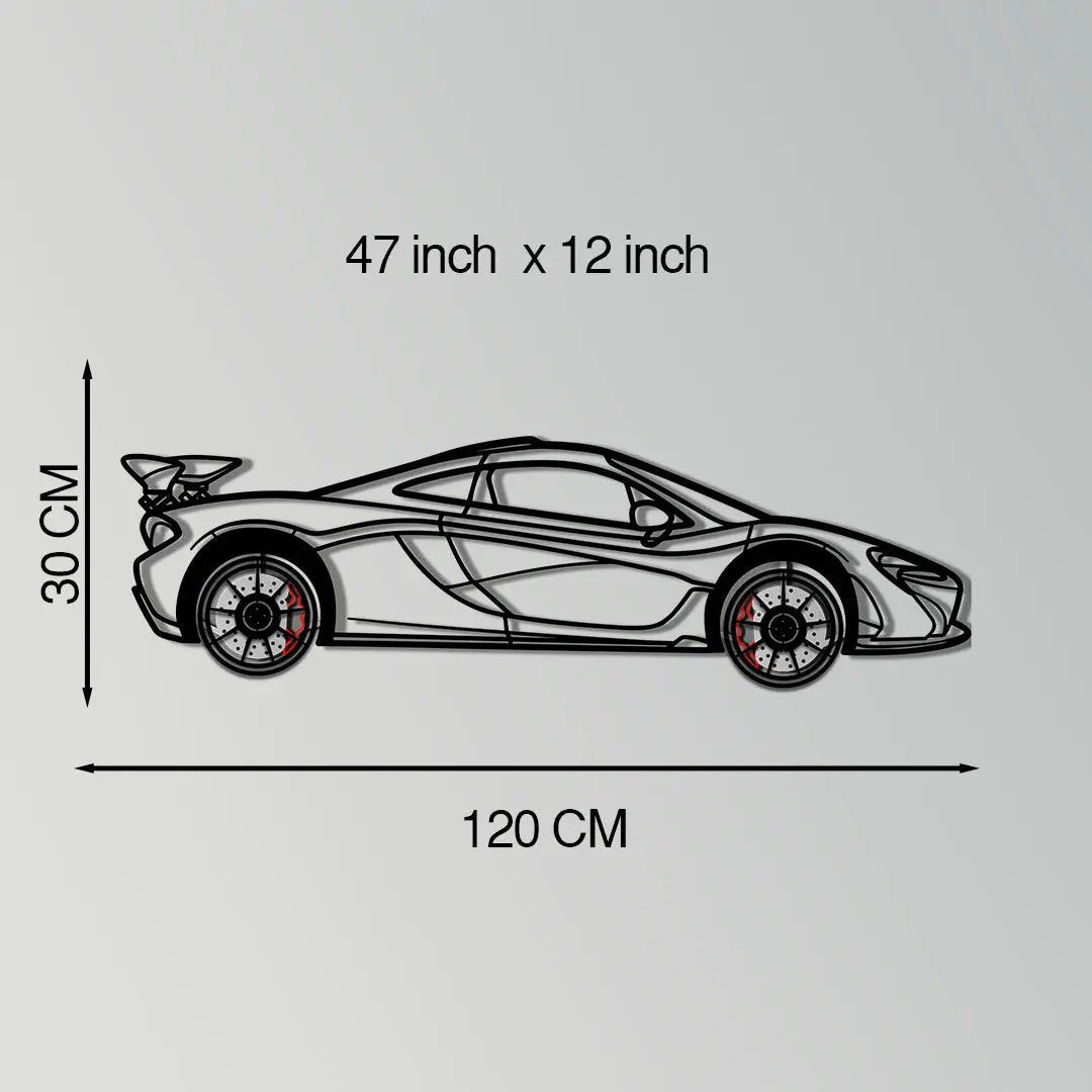 McLaren P1 metal wall art by Enova Art with rotating wheels, black line sculpture on Tampa Home & Garden Store