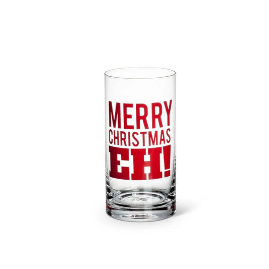 Mckenzie Merry Christmas Eh highball glass clear with bold red typography on Tampa Home & Garden Store