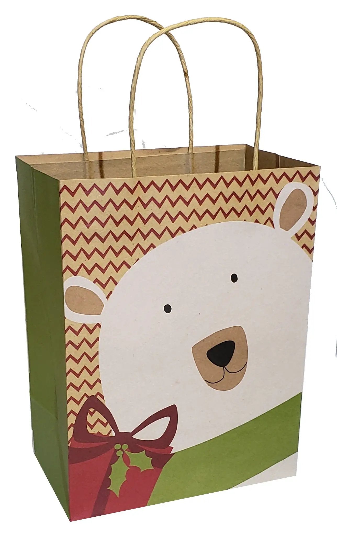 Medium kraft gift bag with polar bear graphic and red chevron pattern, rope handles on Tampa Home & Garden Store