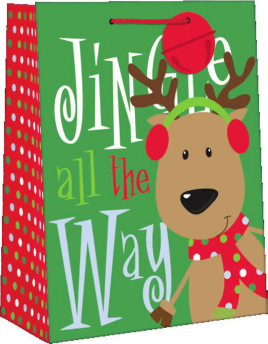 Gift bag Holly Jolly with green front panel, red dotted side and reindeer motif on Tampa Home & Garden Store