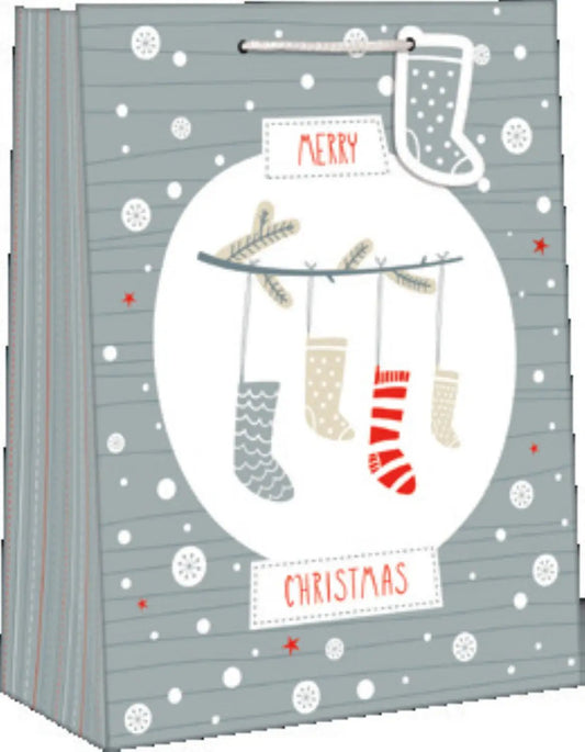 Medium gift bag Hello Snow The Country Christmas Loft gray backdrop stockings and snowflakes on Tampa Home & Garden Store