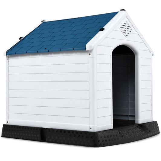 Medium size Dog House Outdoor White Blue Plastic with Elevated Floor - Tampa Home & Garden Store
