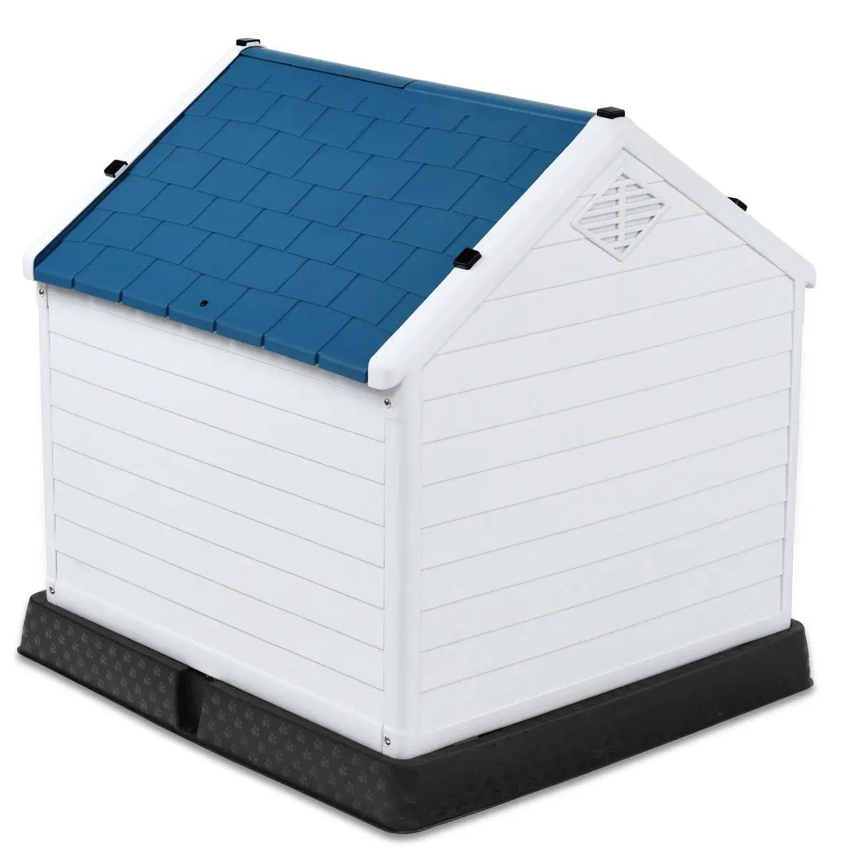 Medium size outdoor dog house with elevated floor, white plastic walls and blue roof on Tampa Home & Garden Store