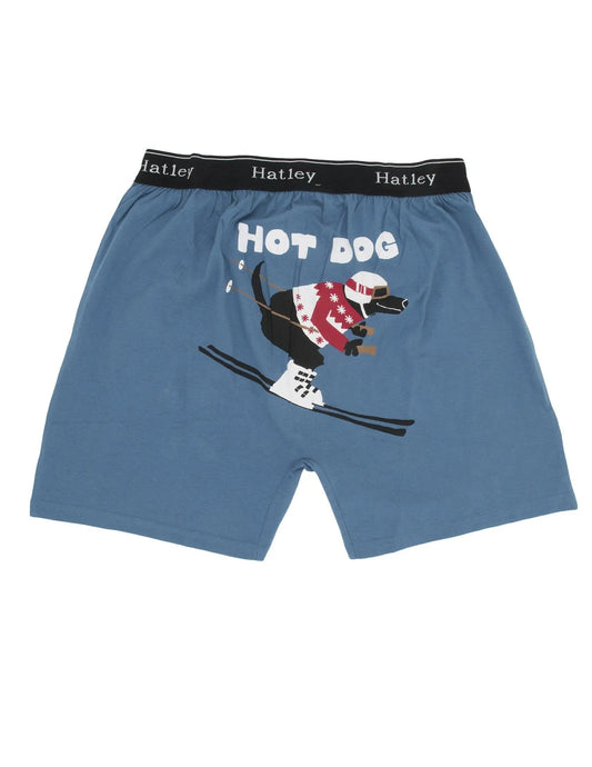 Hatley men's blue hot dog boxers size small with ski-dog graphic and black waistband on Tampa Home & Garden Store
