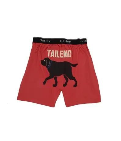Men's Tail End Lab boxer shorts, red with Hatley waistband and Tail End dog silhouette on Tampa Home & Garden Store