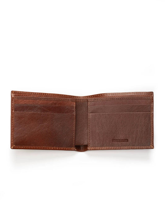 Men's Patrick Leather Bifold Wallet opened to reveal card slots in brown leather on Tampa Home & Garden Store