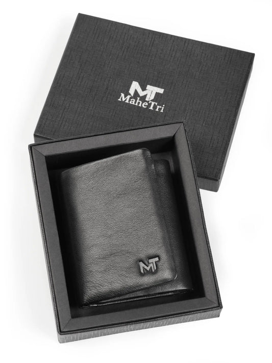 Men's black trifold wallet in premium leather with MaheTri MT logo on Tampa Home & Garden Store