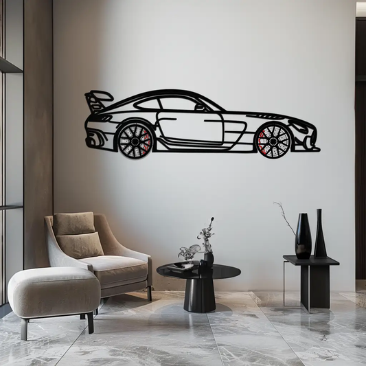Mercedes AMG GT metal wall art with rotating wheels silhouette in black steel decor on Tampa Home & Garden Store