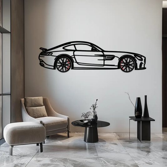 Mercedes AMG GTS metal wall art with black line-art silhouette and red brake calipers on Tampa Home & Garden Store
