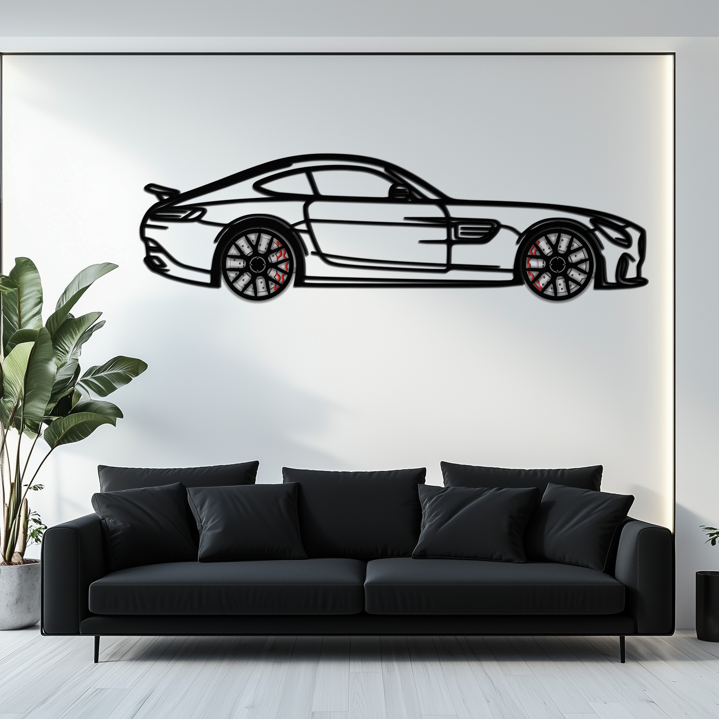 Mercedes AMG GTS metal wall art with black outline and rotating wheels on gray backdrop on Tampa Home & Garden Store