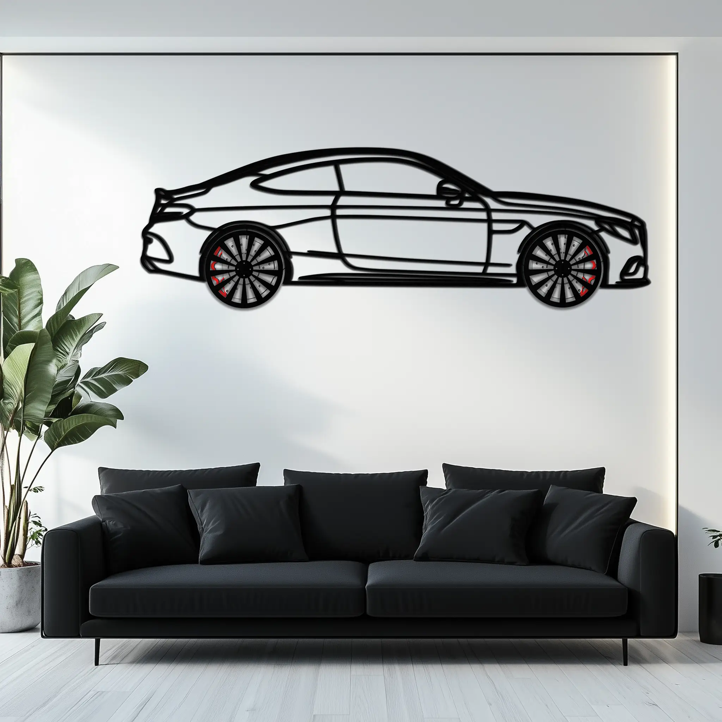 Mercedes C300 Coupe Metal Wall Art silhouette with rotating wheels, black finish on Tampa Home & Garden Store