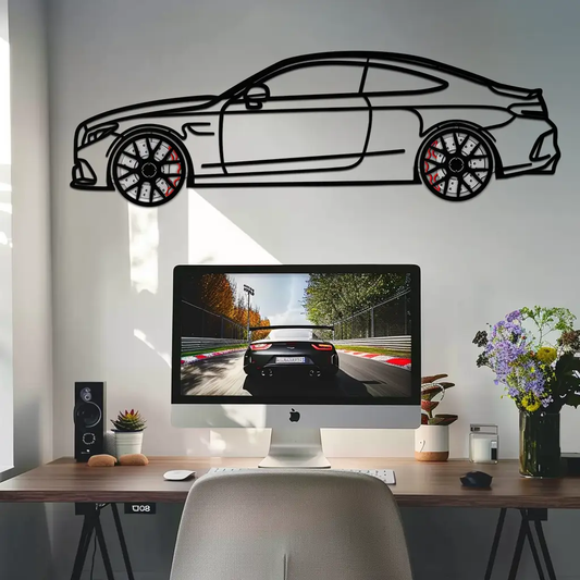 Mercedes C63 AMG Metal Wall Art silhouette coupe in black metal mounted on wall above desk on Tampa Home & Garden Store