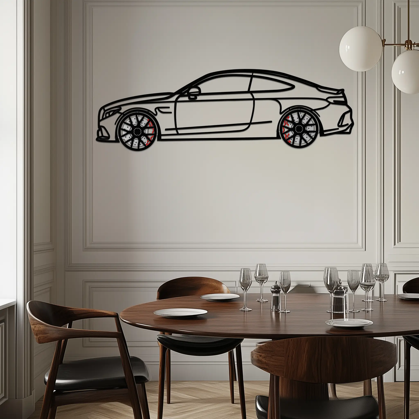 Mercedes C63 AMG metal wall art coupe silhouette in black with red brake calipers on Tampa Home & Garden Store