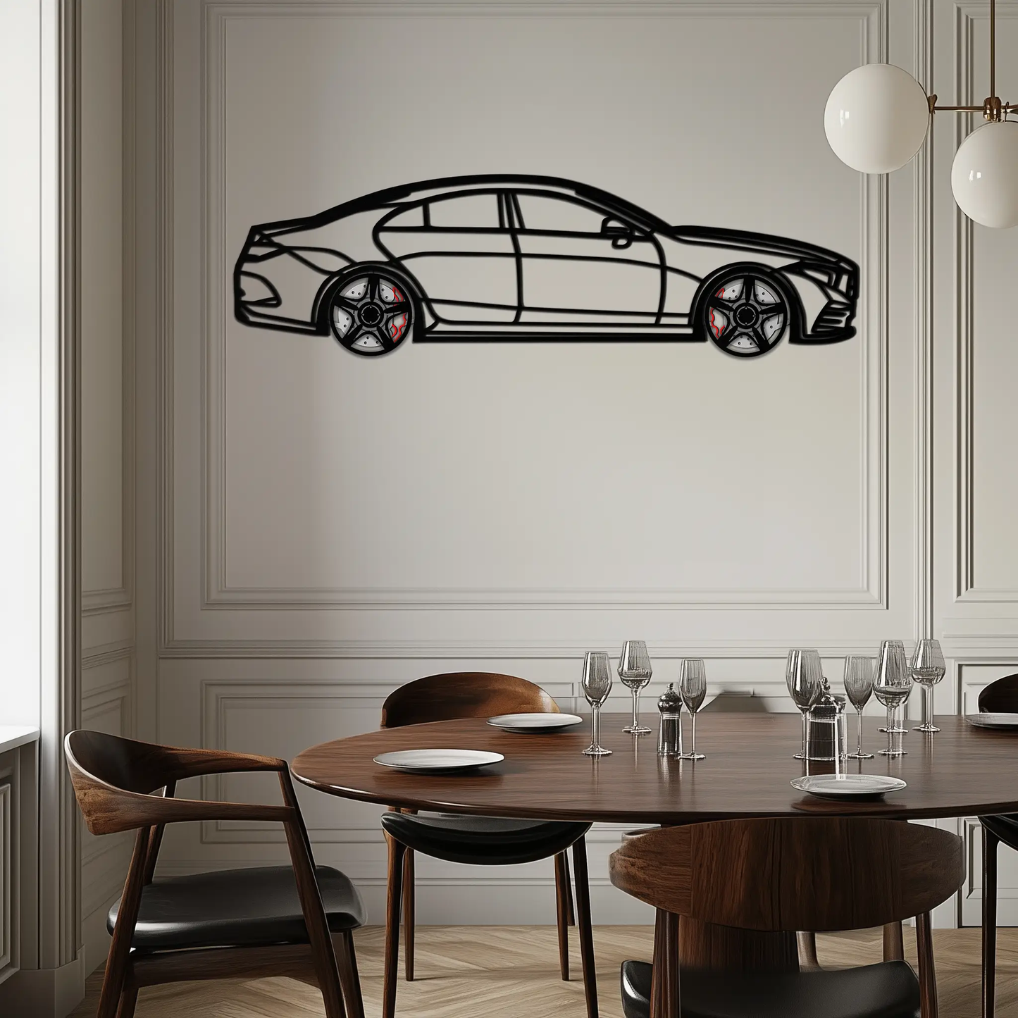 Mercedes CLS metal car wall art with rotating wheels, black line silhouette decor on Tampa Home & Garden Store