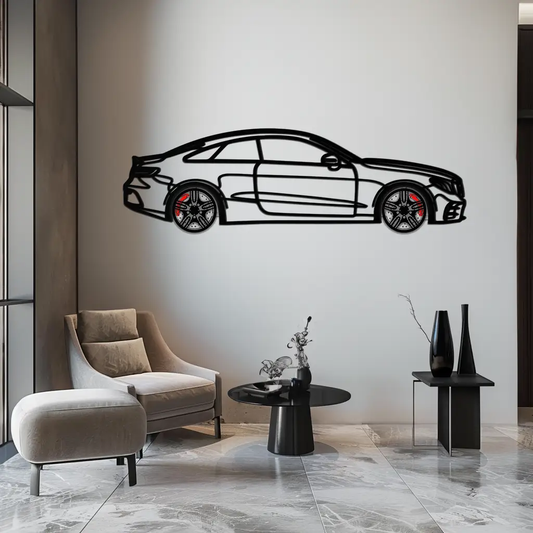 Mercedes E53 AMG rotating wheel metal wall art, black silhouette with red brake calipers on Tampa Home & Garden Store