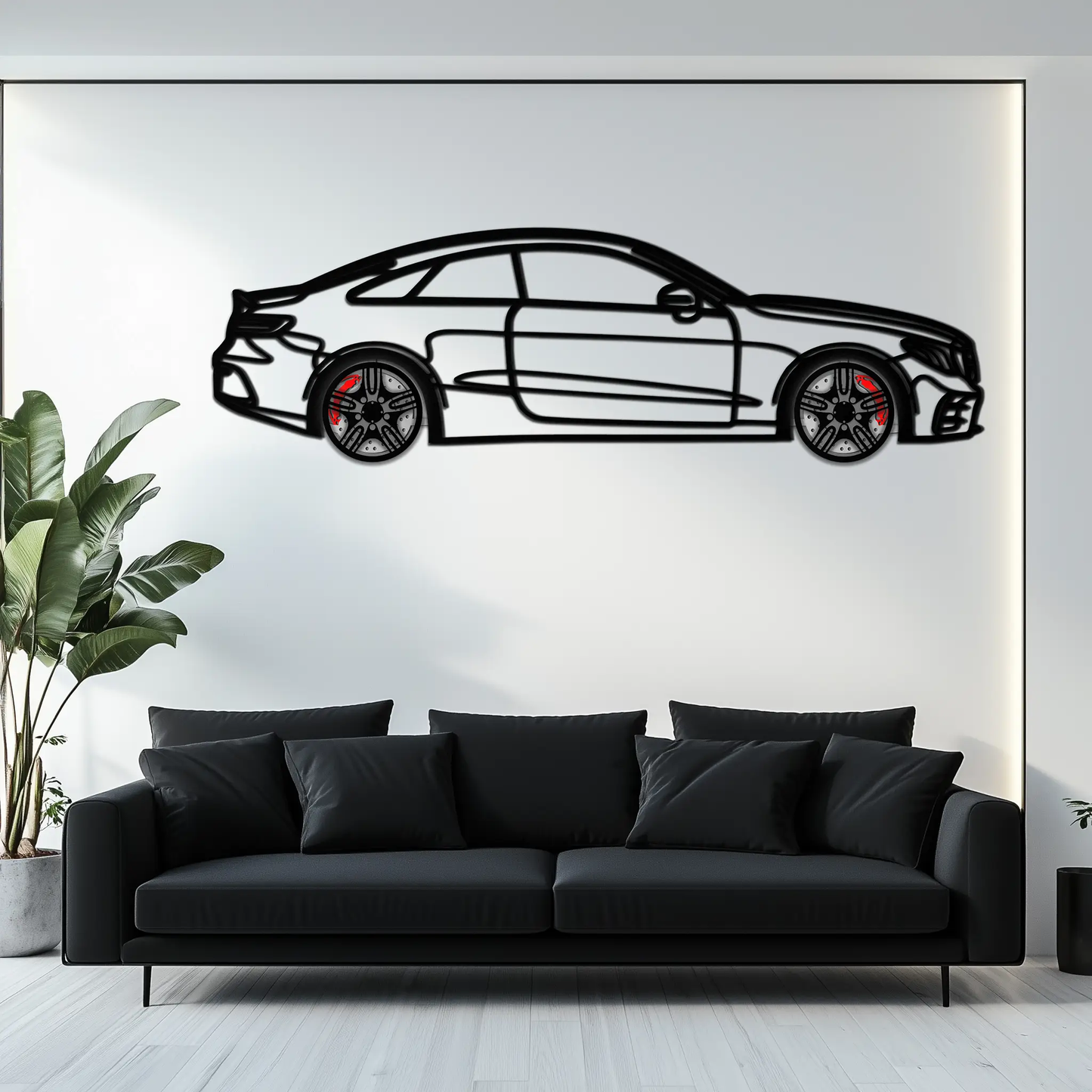 Metal car wall art Mercedes E53 AMG wheel silhouette with black outline red calipers Enova Art on Tampa Home & Garden Store