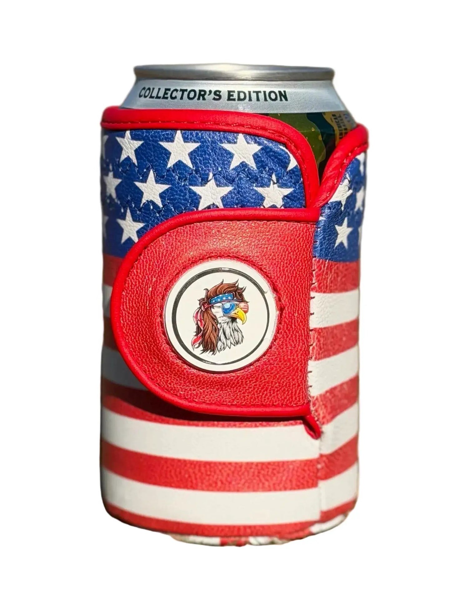 Merica double-sided ball marker with USA icons on patriotic red, white & blue can sleeve on Tampa Home & Garden Store