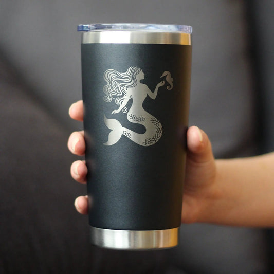 Mermaid Insulated Coffee Tumbler with Sliding Lid, Bevvee black matte with silver mermaid on Tampa Home & Garden Store