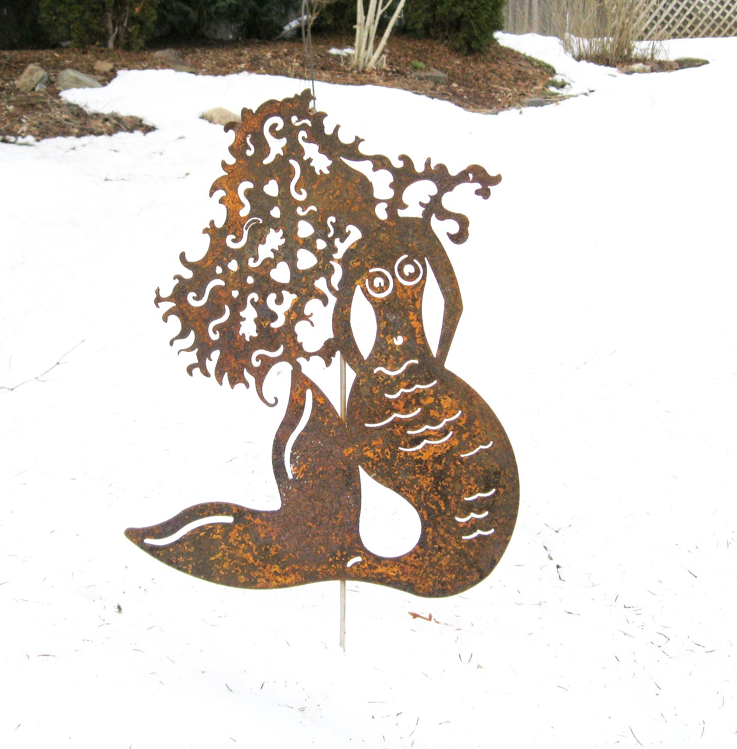 Mermaid wall art metal sculpture rust finish, Rustica Ornamentals garden decor on Tampa Home & Garden Store