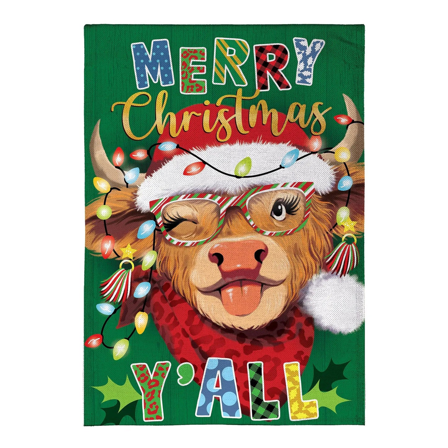 Merry Christmas Burlap House Flag green with colorful patchwork letters and string lights on Tampa Home & Garden Store