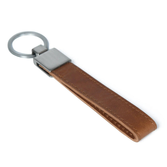 Buffalo leather key ring with metal ring and brown stitched leather handcrafted on Tampa Home & Garden Store
