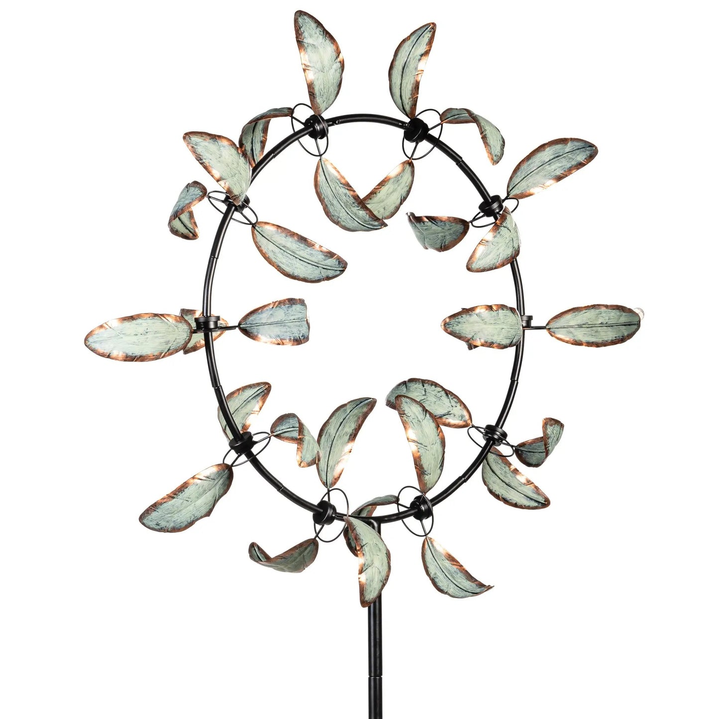 Metal pinwheel prism spinner for outdoor garden wind wheel with teal copper-edged blades on Tampa Home & Garden Store