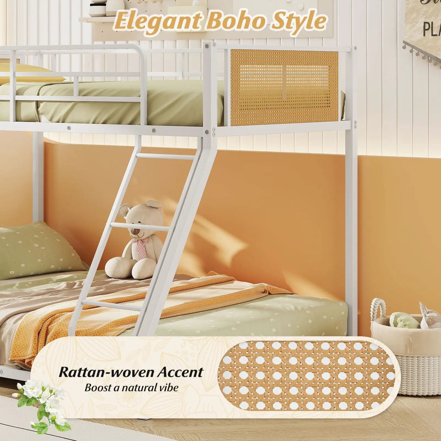 Metal bunk bed Twin over Full with guardrail and ladder, white steel frame on Tampa Home & Garden Store