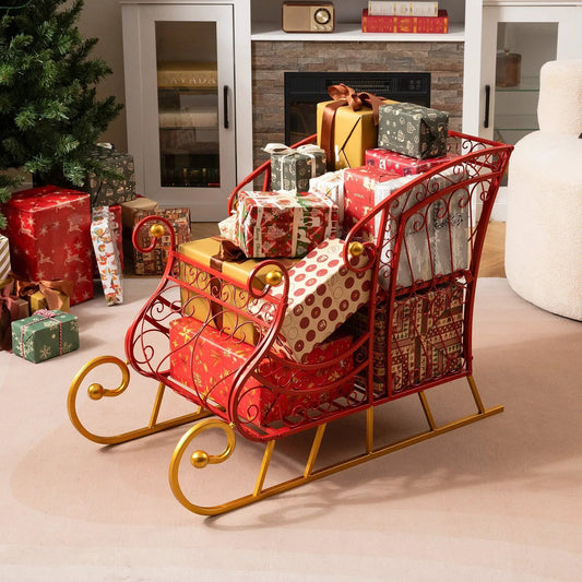 Metal Christmas Santa Sleigh Basket 2-Tier in red metal with gold runners, loaded with gifts on Tampa Home & Garden Store