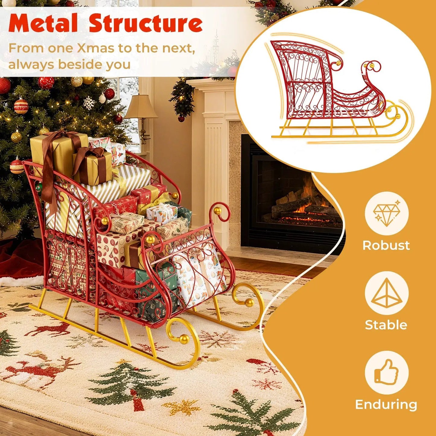 Metal Christmas Santa Sleigh Basket 2-Tier red metal sleigh with gold runners DirectDeals on Tampa Home & Garden Store