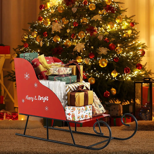 Metal Christmas Santa Sleigh Gift Storage red sleigh brimming with wrapped gifts on Tampa Home & Garden Store