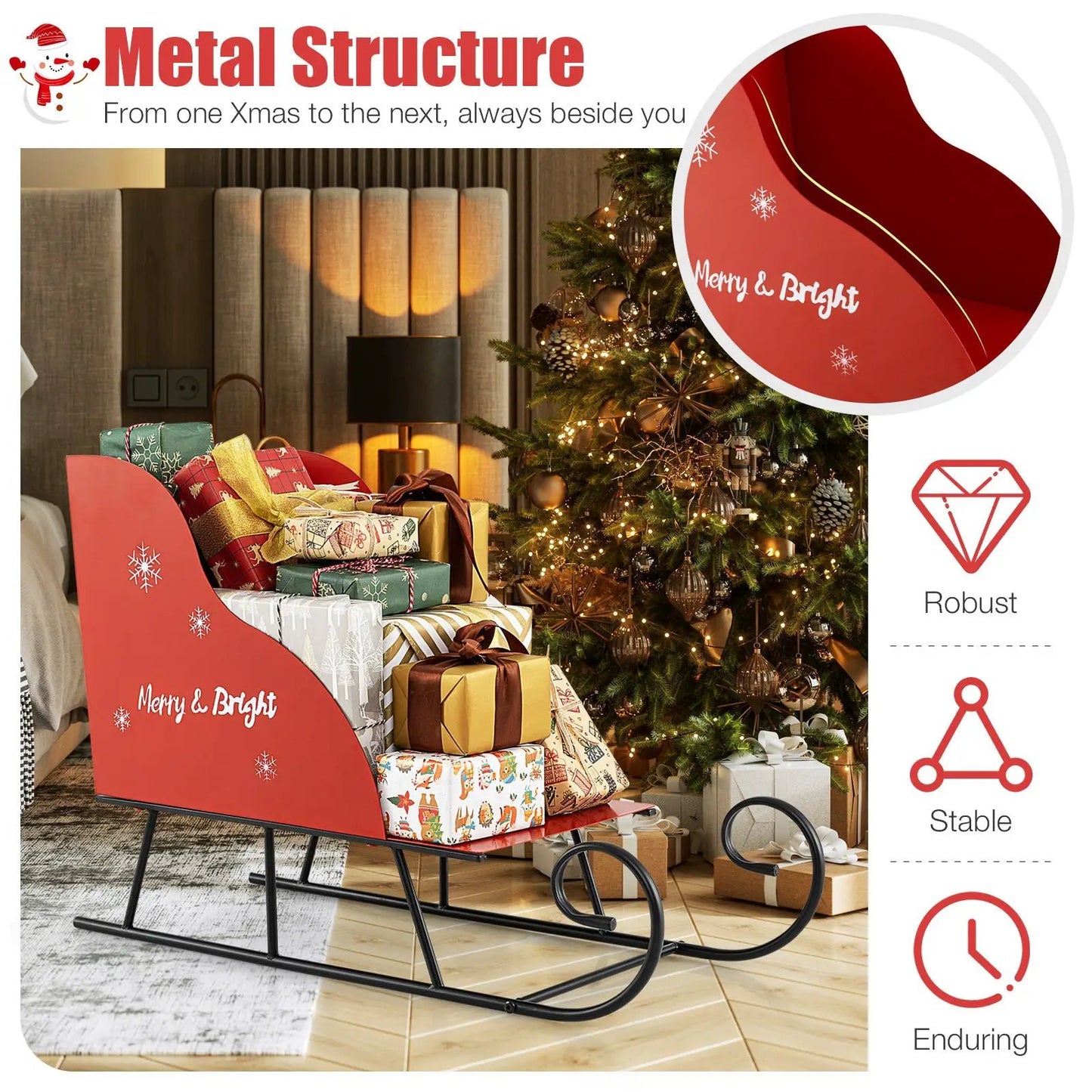 Metal Santa Sleigh Basket Gift Storage, red sleigh with snow accents amid wrapped gifts on Tampa Home & Garden Store