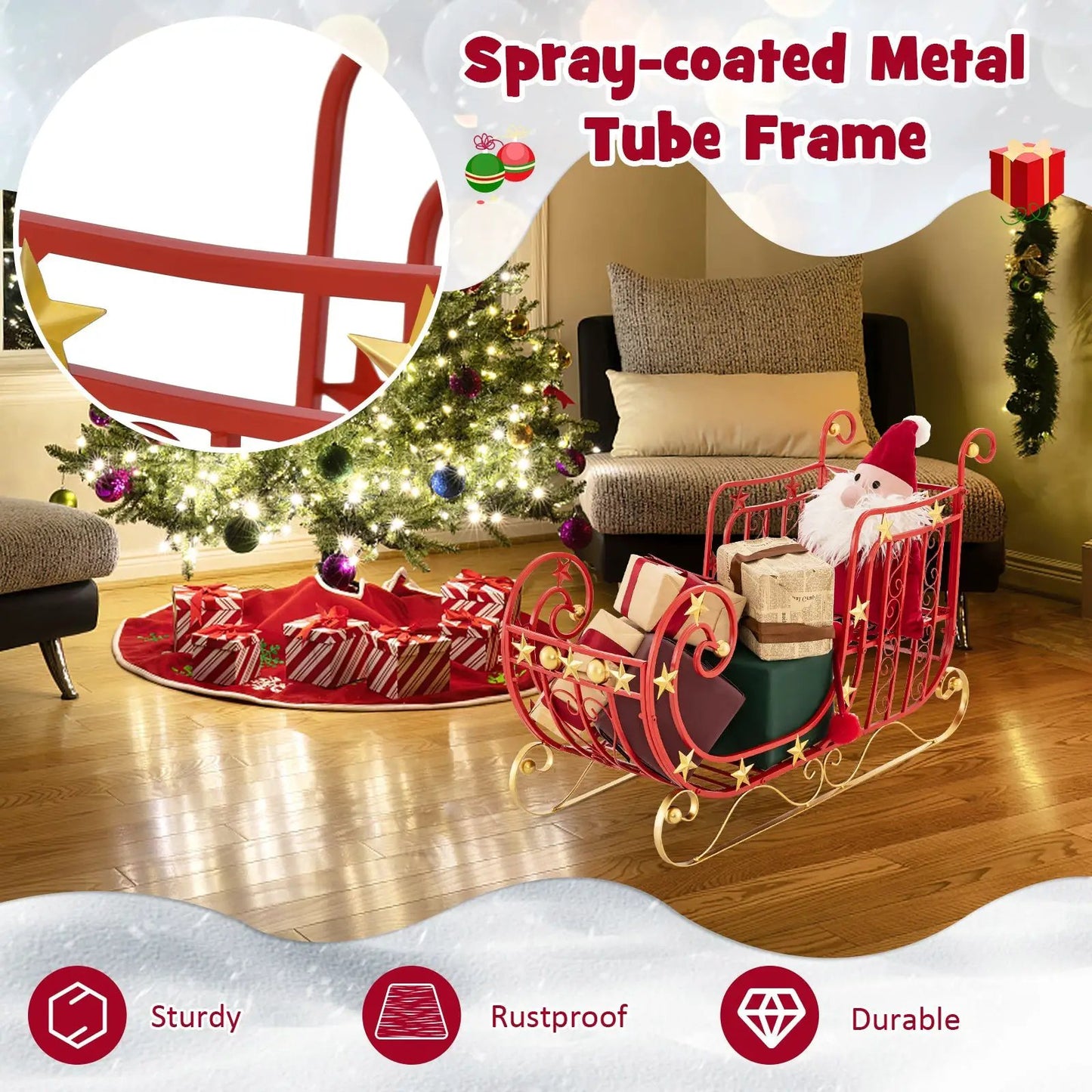 Metal Christmas Santa Sleigh with Cargo Area in red, decorative holiday display with Santa and gifts on Tampa Home & Garden Store