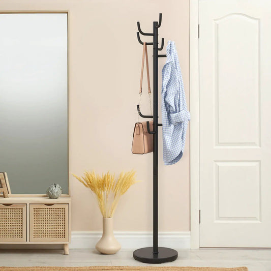Metal coat rack stand with 8 hooks, black finish, round base on Tampa Home & Garden Store