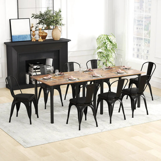 DirectDeals eight black metal dining chairs with curved backs around a wooden table on Tampa Home & Garden Store