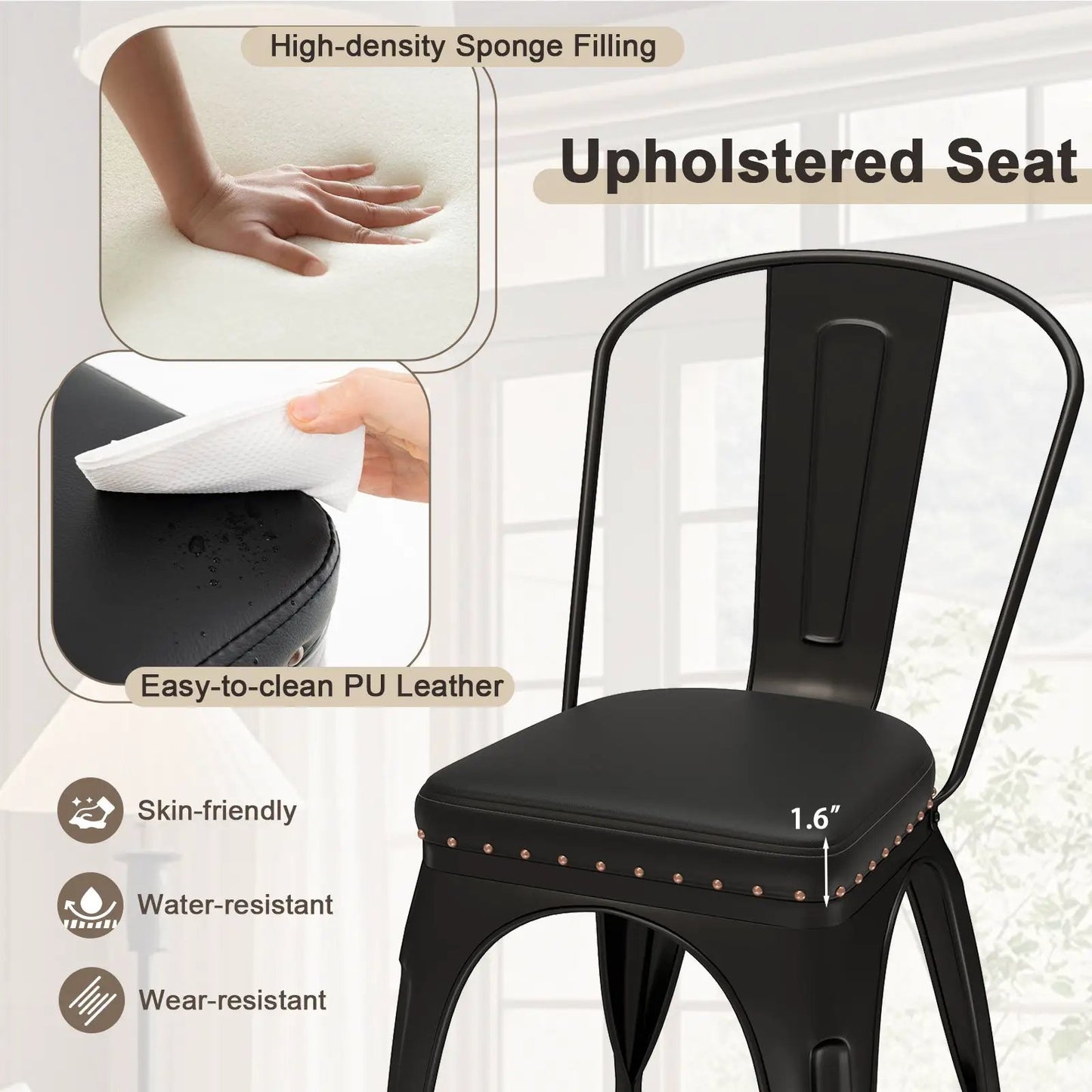 Metal chairs set of 4 with removable backs, black frame and PU seat on Tampa Home & Garden Store