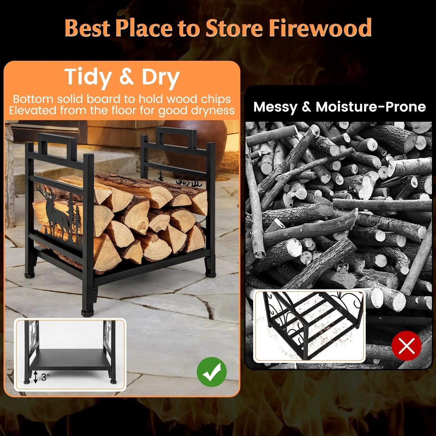 Metal firewood rack with dual handles and deer panel holding dry firewood on patio on Tampa Home & Garden Store