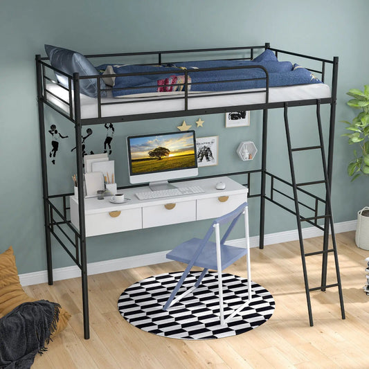 Metal Loft Twin Bed Frame High Loft Bed Black Steel with Desk Underneath on Tampa Home & Garden Store